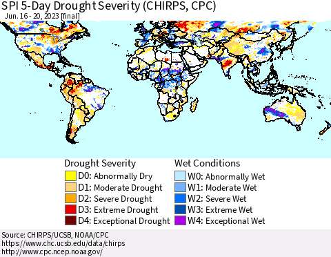 World SPI 5-Day Drought Severity (CHIRPS) Thematic Map For 6/16/2023 - 6/20/2023