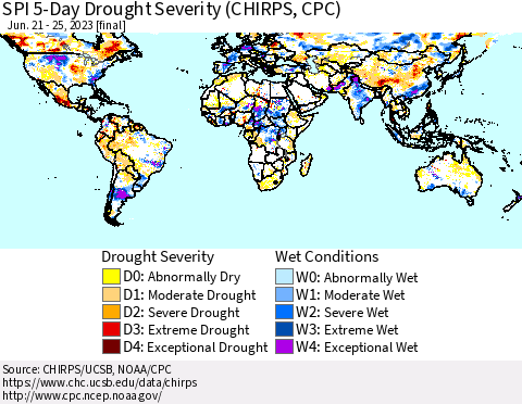 World SPI 5-Day Drought Severity (CHIRPS) Thematic Map For 6/21/2023 - 6/25/2023