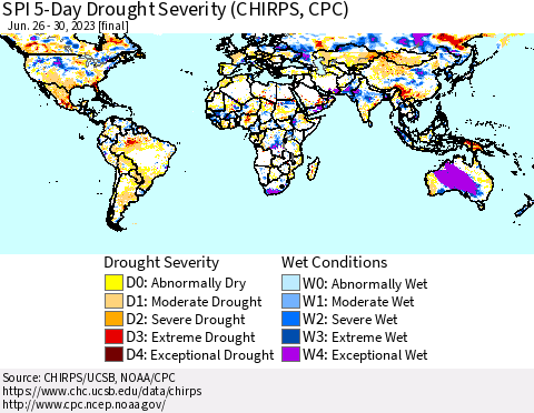 World SPI 5-Day Drought Severity (CHIRPS) Thematic Map For 6/26/2023 - 6/30/2023