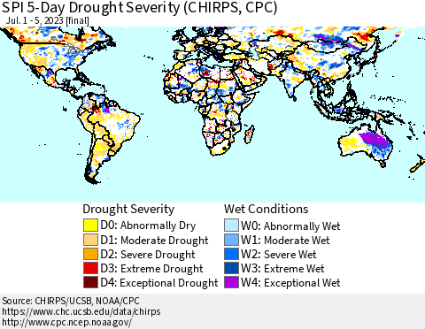 World SPI 5-Day Drought Severity (CHIRPS) Thematic Map For 7/1/2023 - 7/5/2023