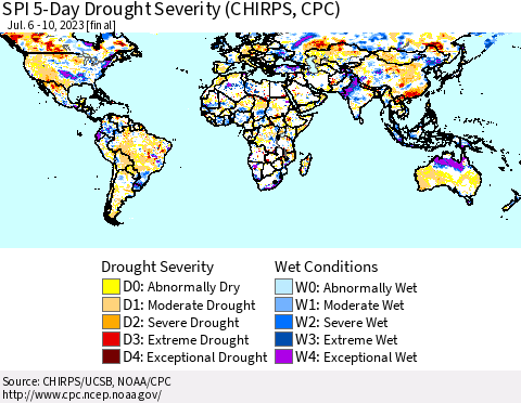 World SPI 5-Day Drought Severity (CHIRPS) Thematic Map For 7/6/2023 - 7/10/2023