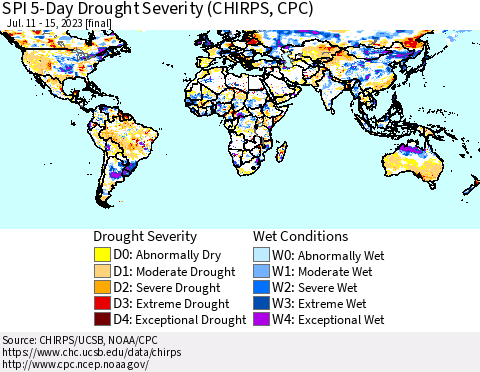 World SPI 5-Day Drought Severity (CHIRPS) Thematic Map For 7/11/2023 - 7/15/2023
