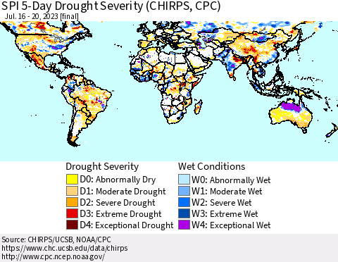 World SPI 5-Day Drought Severity (CHIRPS) Thematic Map For 7/16/2023 - 7/20/2023