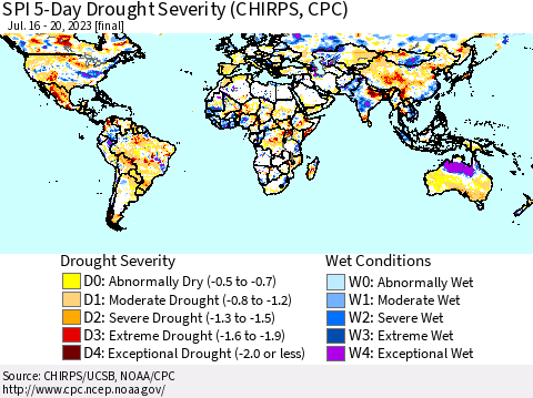 World SPI 5-Day Drought Severity (CHIRPS) Thematic Map For 7/16/2023 - 7/20/2023