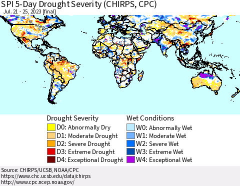 World SPI 5-Day Drought Severity (CHIRPS) Thematic Map For 7/21/2023 - 7/25/2023