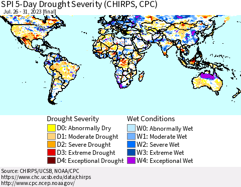 World SPI 5-Day Drought Severity (CHIRPS) Thematic Map For 7/26/2023 - 7/31/2023