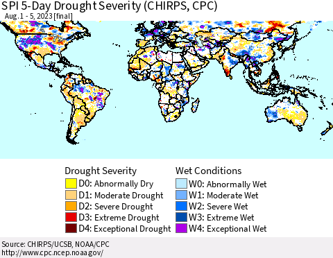 World SPI 5-Day Drought Severity (CHIRPS) Thematic Map For 8/1/2023 - 8/5/2023