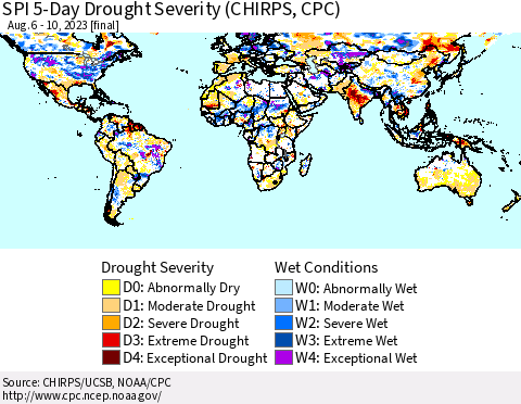 World SPI 5-Day Drought Severity (CHIRPS) Thematic Map For 8/6/2023 - 8/10/2023