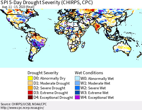 World SPI 5-Day Drought Severity (CHIRPS) Thematic Map For 8/11/2023 - 8/15/2023