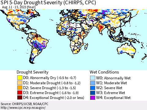 World SPI 5-Day Drought Severity (CHIRPS) Thematic Map For 8/11/2023 - 8/15/2023