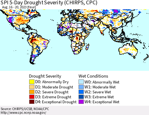 World SPI 5-Day Drought Severity (CHIRPS) Thematic Map For 8/16/2023 - 8/20/2023