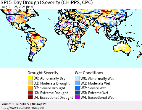 World SPI 5-Day Drought Severity (CHIRPS) Thematic Map For 8/21/2023 - 8/25/2023