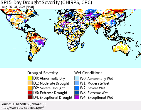 World SPI 5-Day Drought Severity (CHIRPS) Thematic Map For 8/26/2023 - 8/31/2023