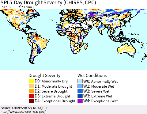 World SPI 5-Day Drought Severity (CHIRPS) Thematic Map For 9/6/2023 - 9/10/2023