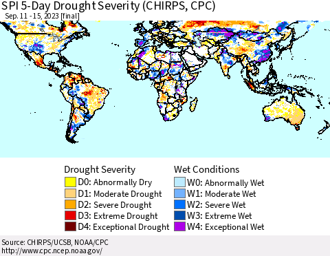 World SPI 5-Day Drought Severity (CHIRPS) Thematic Map For 9/11/2023 - 9/15/2023