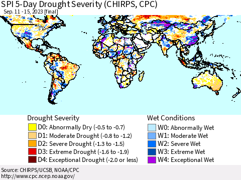 World SPI 5-Day Drought Severity (CHIRPS) Thematic Map For 9/11/2023 - 9/15/2023