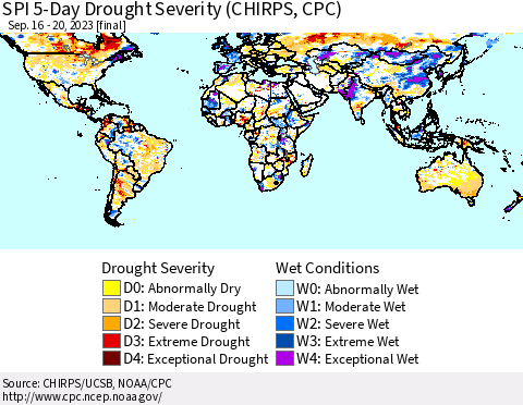 World SPI 5-Day Drought Severity (CHIRPS) Thematic Map For 9/16/2023 - 9/20/2023