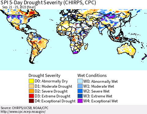 World SPI 5-Day Drought Severity (CHIRPS) Thematic Map For 9/21/2023 - 9/25/2023