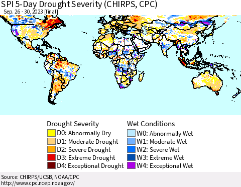 World SPI 5-Day Drought Severity (CHIRPS) Thematic Map For 9/26/2023 - 9/30/2023