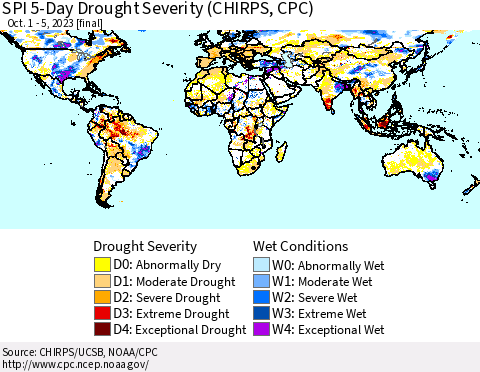 World SPI 5-Day Drought Severity (CHIRPS) Thematic Map For 10/1/2023 - 10/5/2023