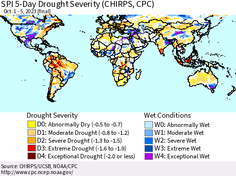 World SPI 5-Day Drought Severity (CHIRPS) Thematic Map For 10/1/2023 - 10/5/2023