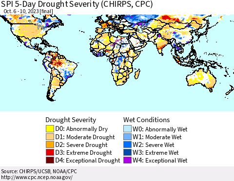 World SPI 5-Day Drought Severity (CHIRPS) Thematic Map For 10/6/2023 - 10/10/2023