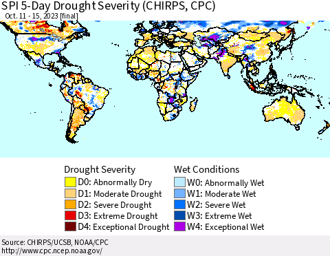 World SPI 5-Day Drought Severity (CHIRPS) Thematic Map For 10/11/2023 - 10/15/2023