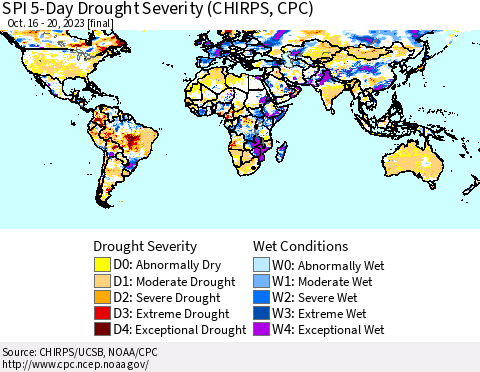 World SPI 5-Day Drought Severity (CHIRPS) Thematic Map For 10/16/2023 - 10/20/2023