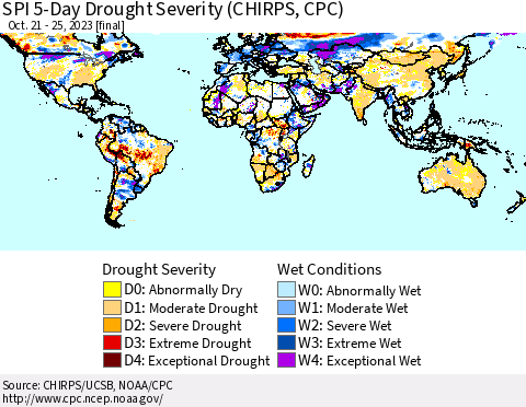 World SPI 5-Day Drought Severity (CHIRPS) Thematic Map For 10/21/2023 - 10/25/2023