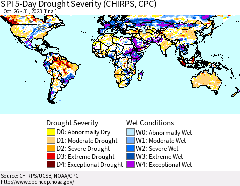 World SPI 5-Day Drought Severity (CHIRPS) Thematic Map For 10/26/2023 - 10/31/2023