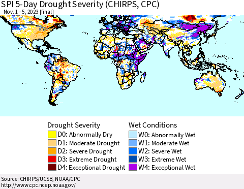 World SPI 5-Day Drought Severity (CHIRPS) Thematic Map For 11/1/2023 - 11/5/2023