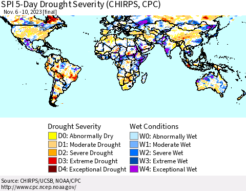 World SPI 5-Day Drought Severity (CHIRPS) Thematic Map For 11/6/2023 - 11/10/2023