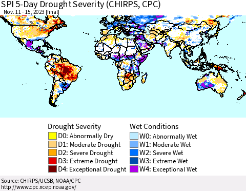 World SPI 5-Day Drought Severity (CHIRPS) Thematic Map For 11/11/2023 - 11/15/2023