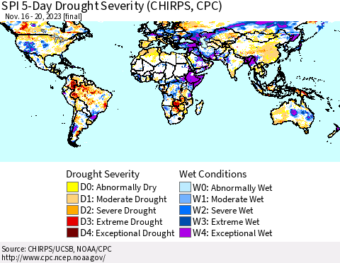 World SPI 5-Day Drought Severity (CHIRPS) Thematic Map For 11/16/2023 - 11/20/2023