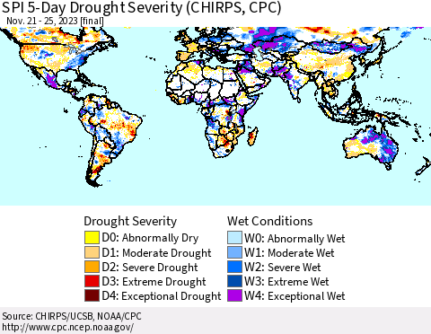 World SPI 5-Day Drought Severity (CHIRPS) Thematic Map For 11/21/2023 - 11/25/2023