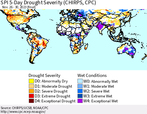 World SPI 5-Day Drought Severity (CHIRPS) Thematic Map For 11/26/2023 - 11/30/2023