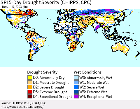 World SPI 5-Day Drought Severity (CHIRPS) Thematic Map For 12/1/2023 - 12/5/2023