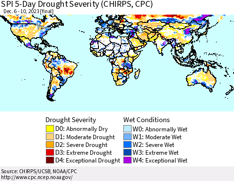 World SPI 5-Day Drought Severity (CHIRPS) Thematic Map For 12/6/2023 - 12/10/2023