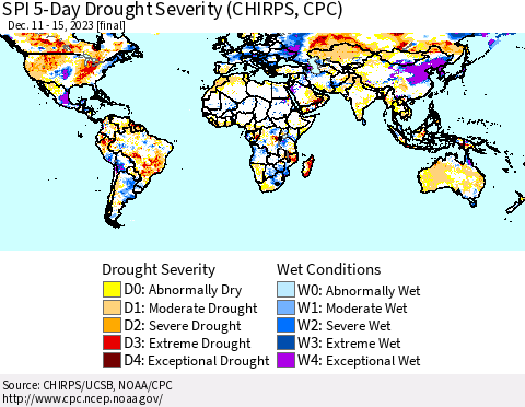 World SPI 5-Day Drought Severity (CHIRPS) Thematic Map For 12/11/2023 - 12/15/2023