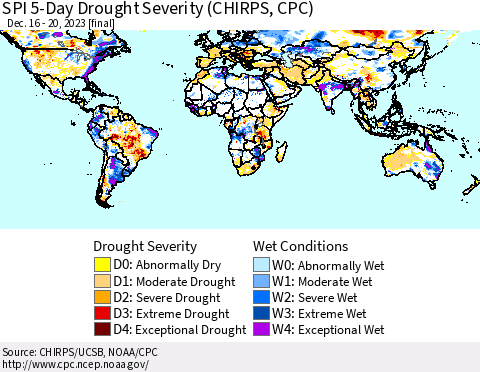 World SPI 5-Day Drought Severity (CHIRPS) Thematic Map For 12/16/2023 - 12/20/2023