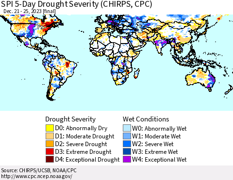 World SPI 5-Day Drought Severity (CHIRPS) Thematic Map For 12/21/2023 - 12/25/2023