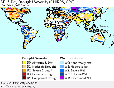 World SPI 5-Day Drought Severity (CHIRPS) Thematic Map For 12/26/2023 - 12/31/2023