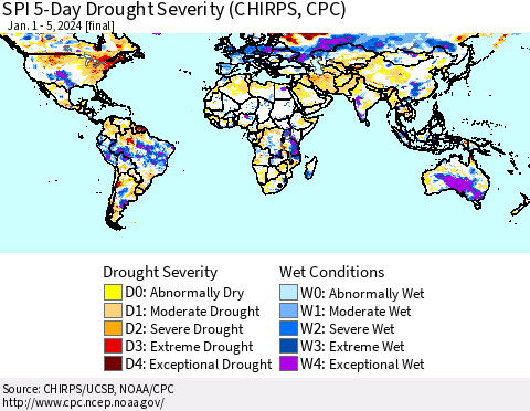 World SPI 5-Day Drought Severity (CHIRPS) Thematic Map For 1/1/2024 - 1/5/2024
