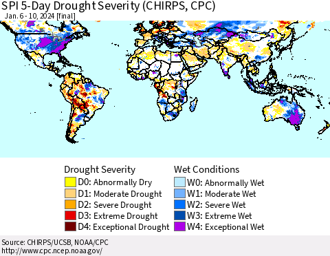 World SPI 5-Day Drought Severity (CHIRPS) Thematic Map For 1/6/2024 - 1/10/2024