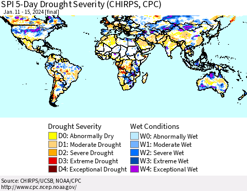 World SPI 5-Day Drought Severity (CHIRPS) Thematic Map For 1/11/2024 - 1/15/2024