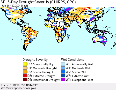 World SPI 5-Day Drought Severity (CHIRPS) Thematic Map For 1/16/2024 - 1/20/2024