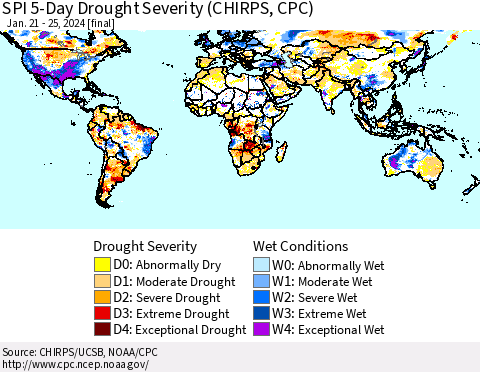 World SPI 5-Day Drought Severity (CHIRPS) Thematic Map For 1/21/2024 - 1/25/2024