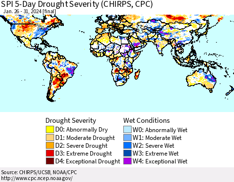 World SPI 5-Day Drought Severity (CHIRPS) Thematic Map For 1/26/2024 - 1/31/2024