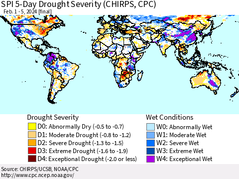 World SPI 5-Day Drought Severity (CHIRPS) Thematic Map For 2/1/2024 - 2/5/2024