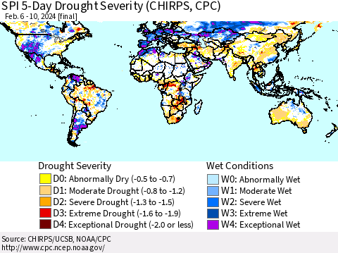 World SPI 5-Day Drought Severity (CHIRPS) Thematic Map For 2/6/2024 - 2/10/2024